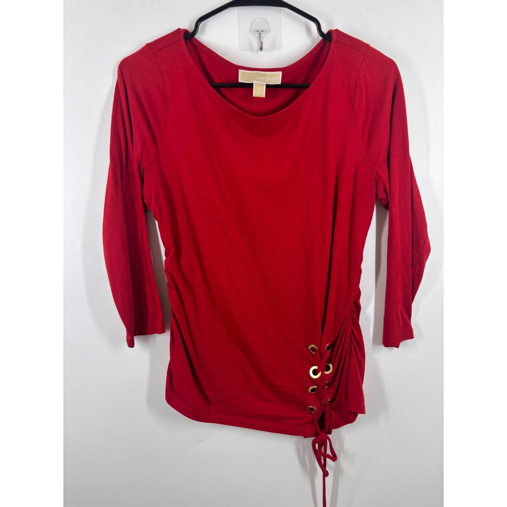 Michael Kors Red Lace Up Grommet Side Ruched Long Sleeve Top Medium